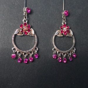Red/pink/silver rhinestone dangle hoop earrings. Pierced fishhook wires sparkles